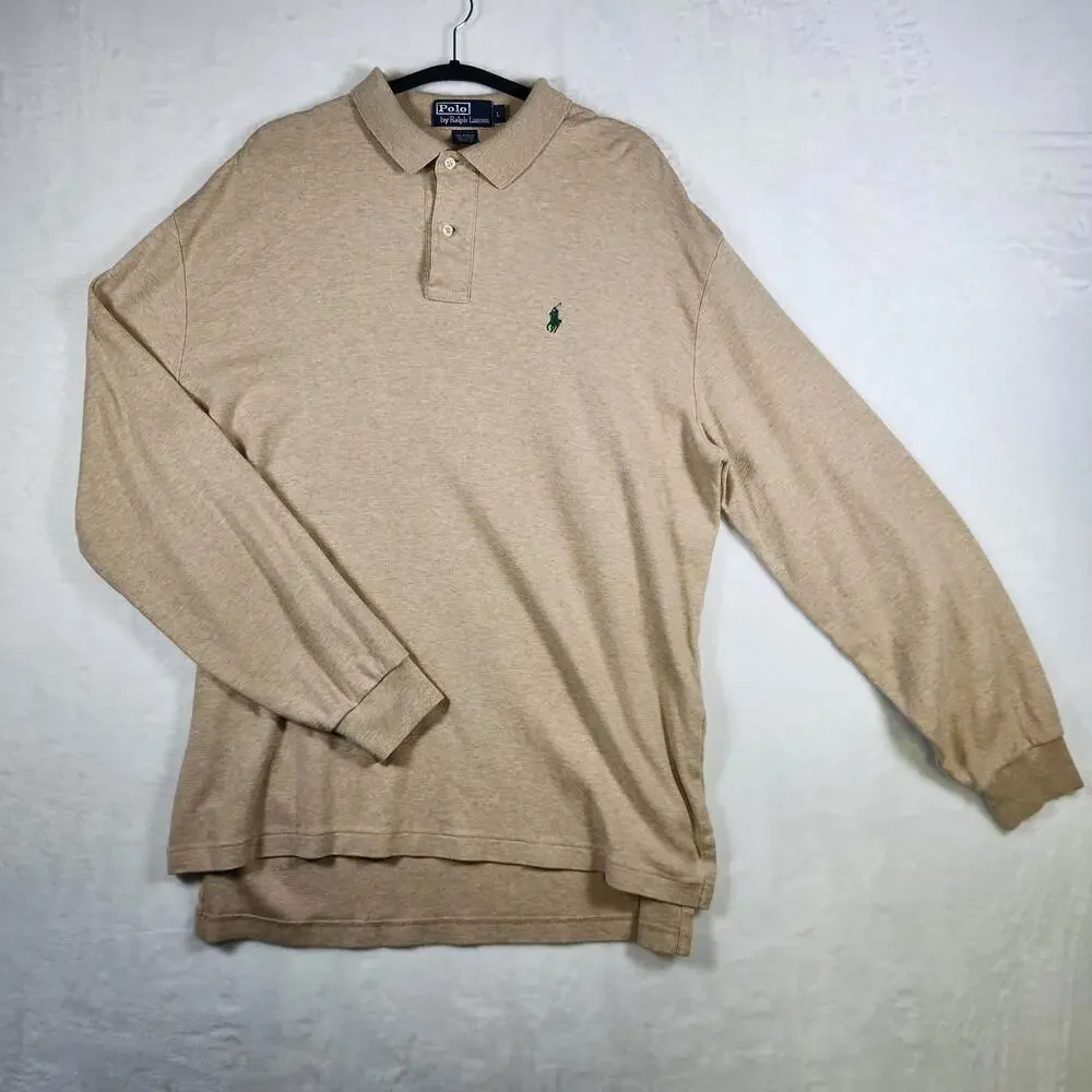Vintage 90s Polo Ralph Lauren Long Sleeve Polo Shirt Tan Sz Large Cotton Bolivia